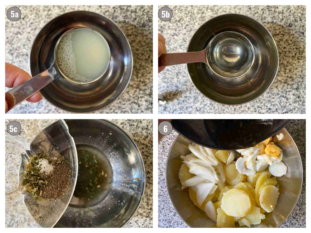 Four photos of vianigrette being prepared and then mixed with potatoes.