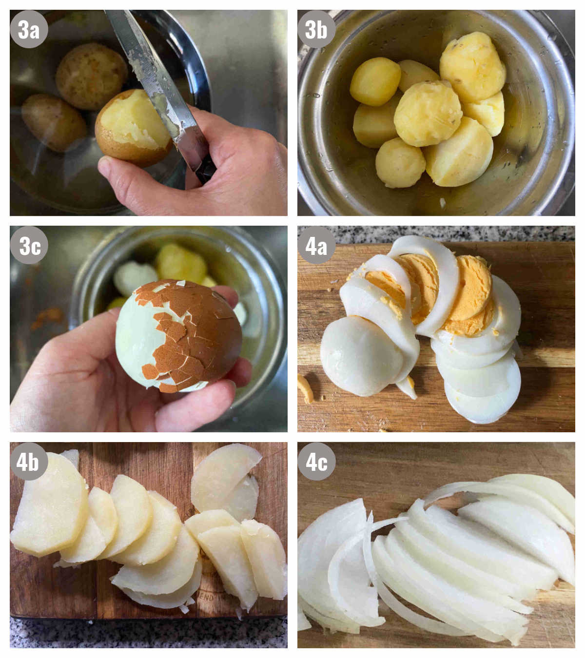 Six photos of ingredients being cut for the salad.