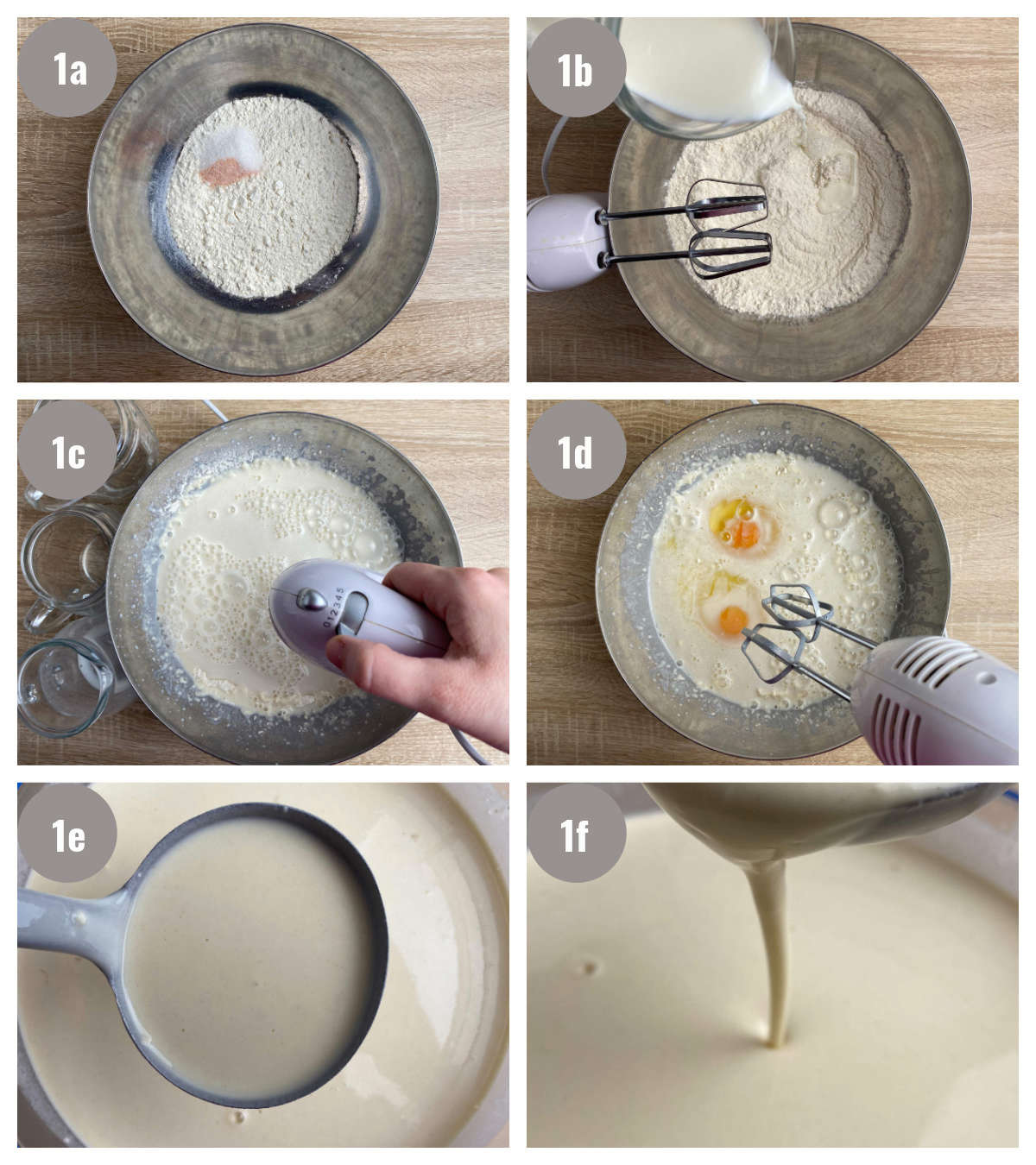 Six photographs, two by three, of crepe preparation steps - making the batter.