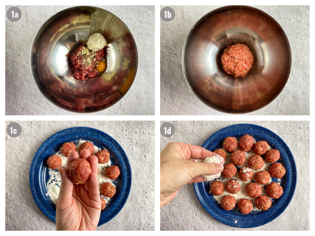 Four photographs of meatball making: two with ingredients in a metal bowl, two with meatballs on a blue plate. 