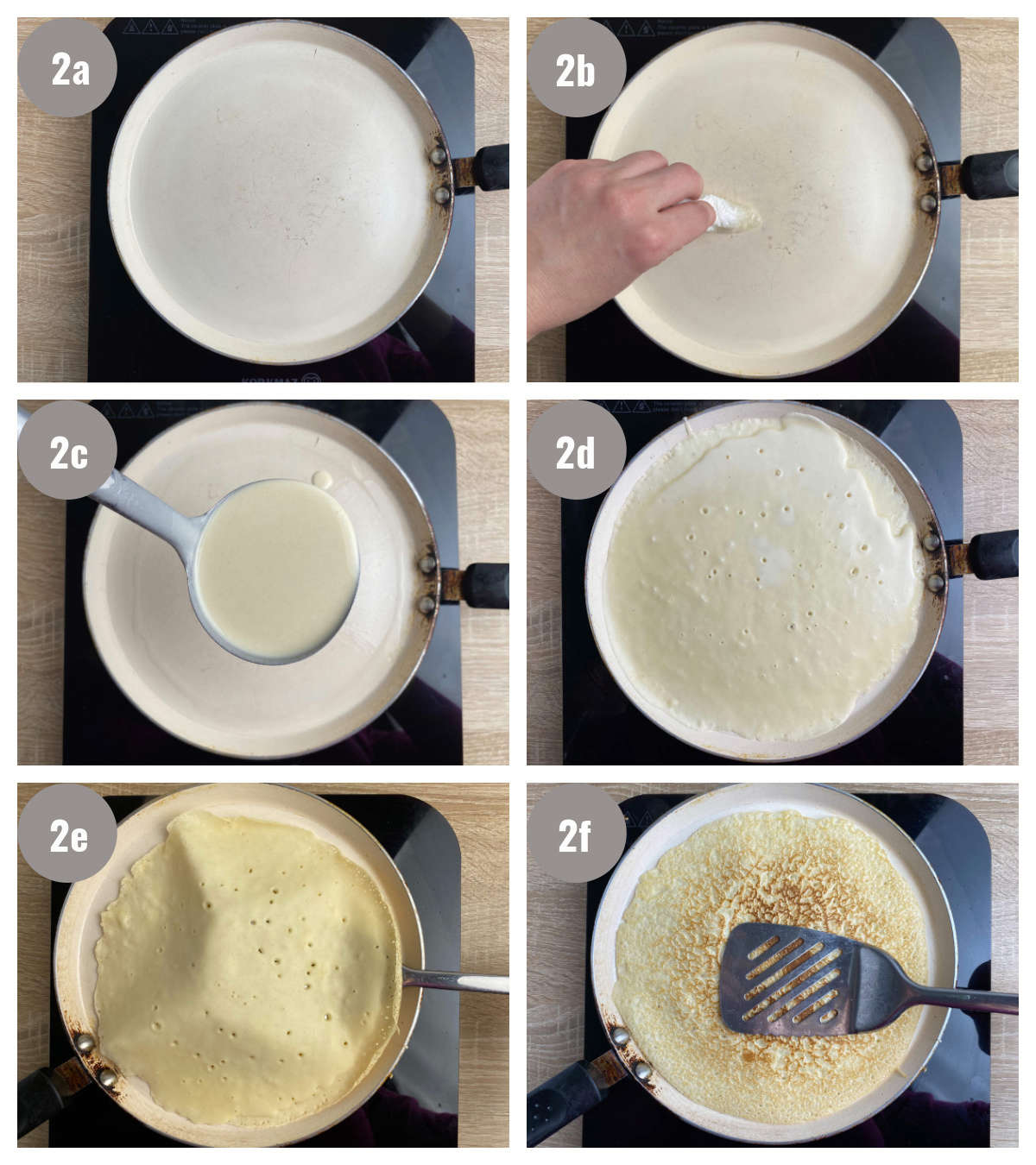 Six photographs, two by three of frying crepes in a pan.