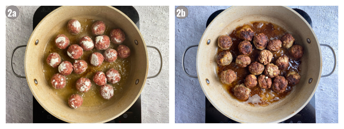 Frying meatballs in a pan, side by side. 