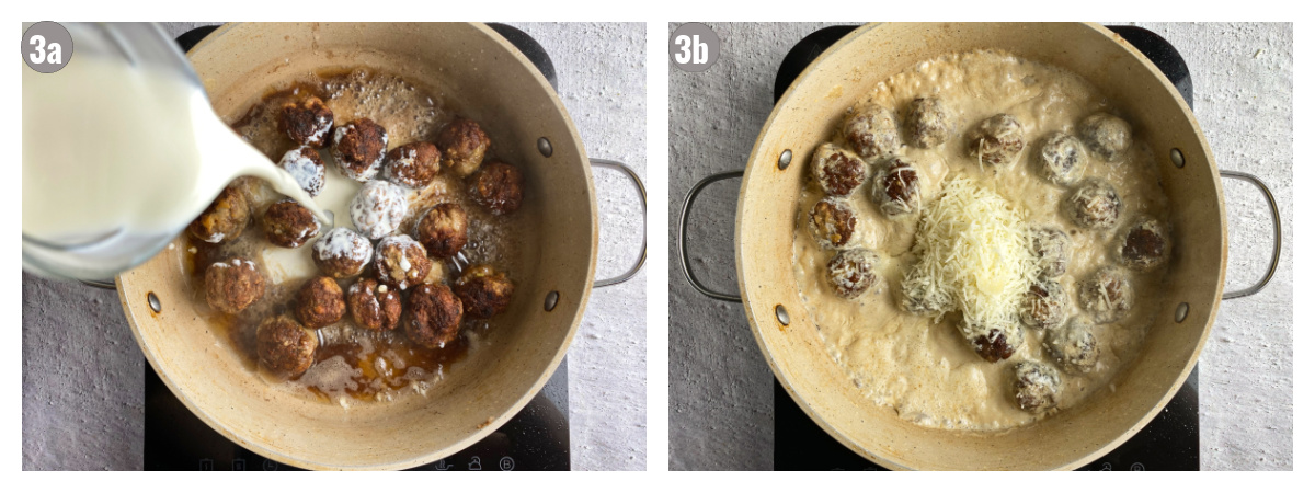 Two side by side photos of meatballs in a pan, and a pitcher with heavy cream added to one of the pictures.