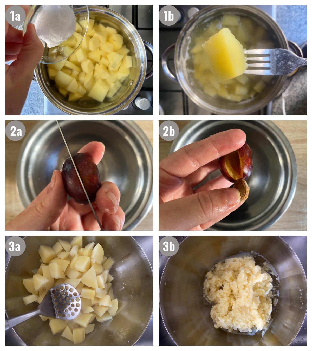 Six photographs, two by three, of the preparation process (cooking potatoes, pitting the plums, and mashing potatoes).