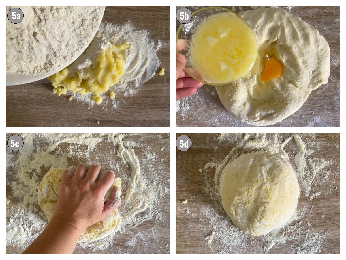 Four photographs, two by two, of dough being made for plum dumplings.