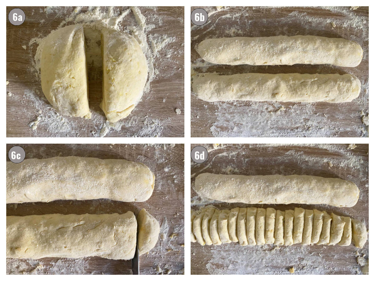 Four photographs, two by two, of the dough prepared for knedle dumplings on a table.