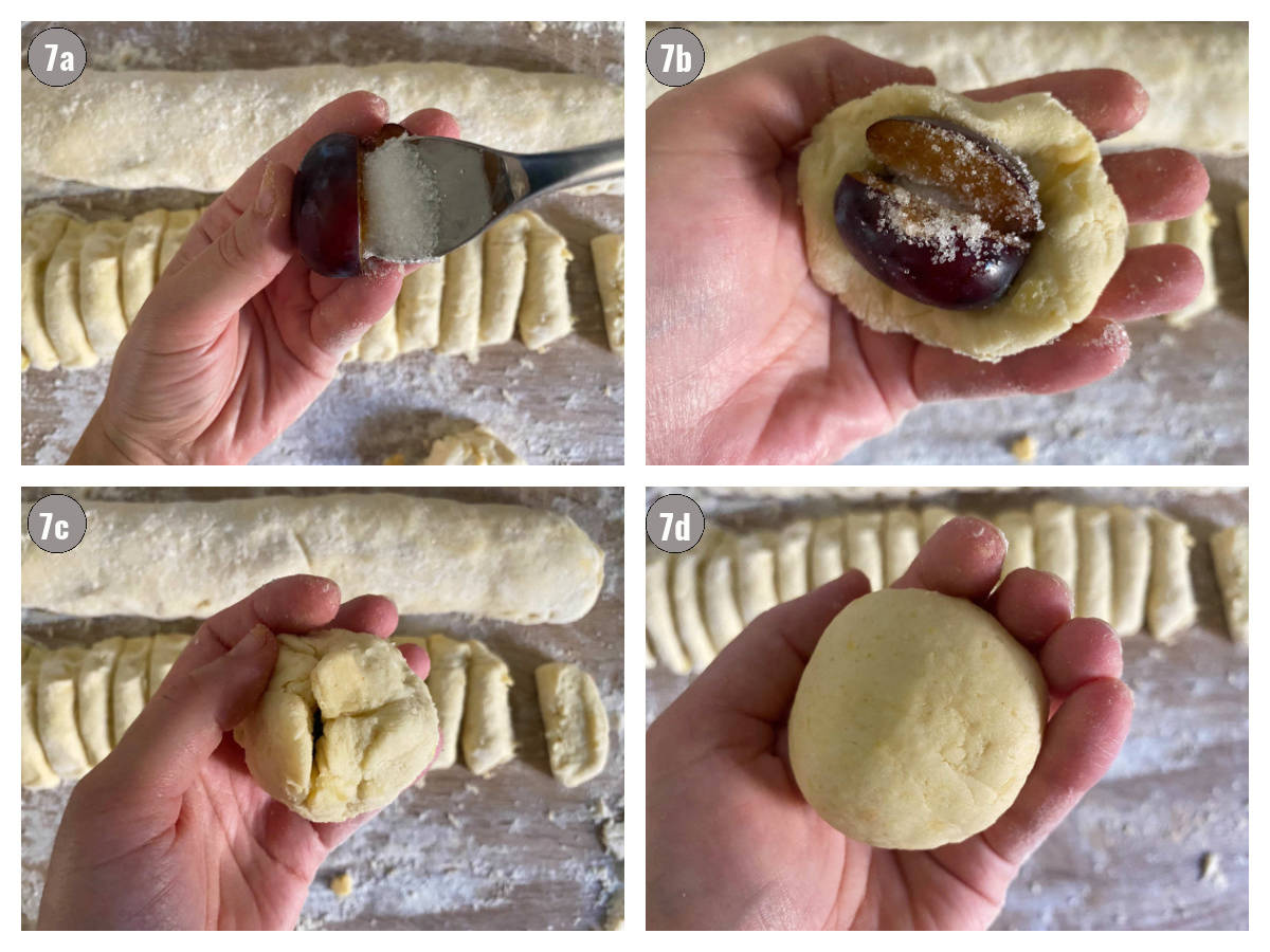 Four photographs of making knedle dumplings, a plum stuffed with sugar and then the dough stuffed with the plum and dumpling formation.