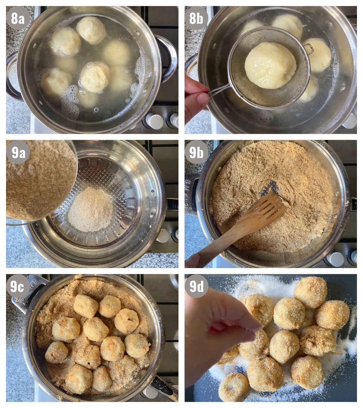 Six photographs of making the plum dumplings. 