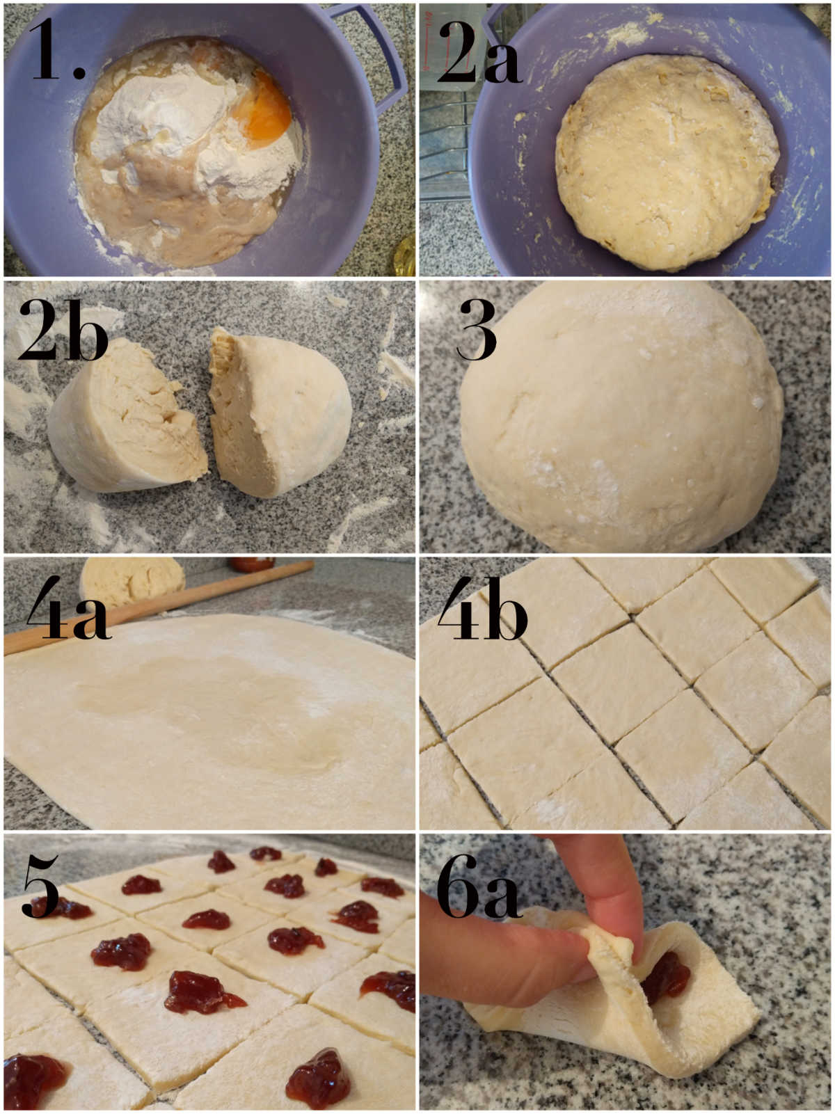 Eight photographs, two by four, of preparation of jam rolls.