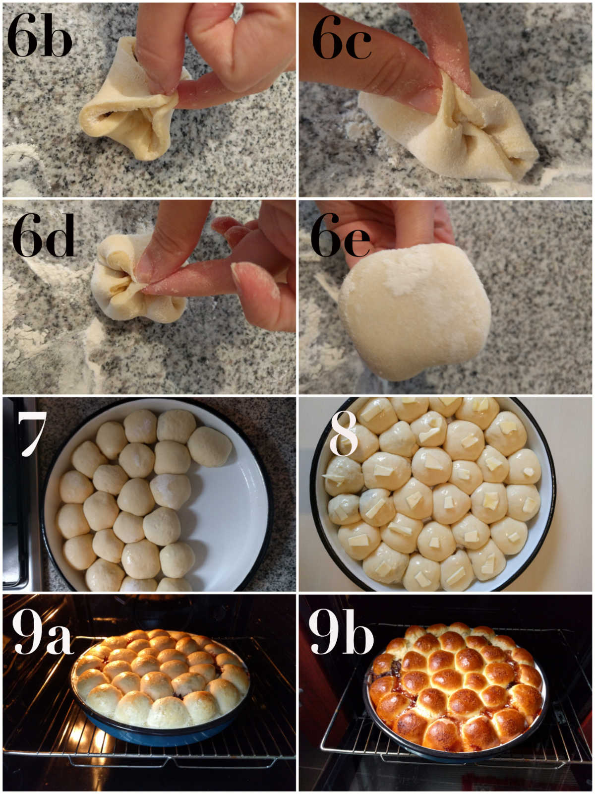 Eight photographs, two by four, of preparation of jam rolls.