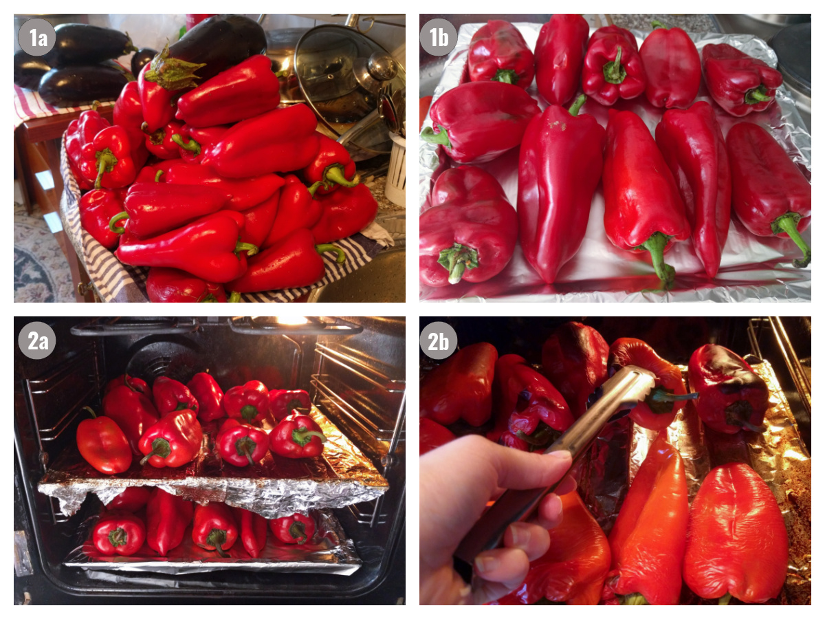 Four photographs of red peppers side by side.