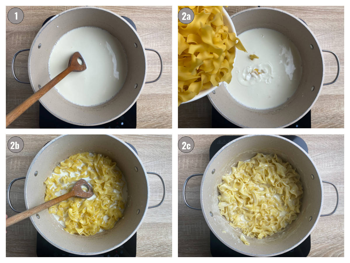 Four photos, two by two, of pasta in milk being cooked. 