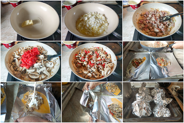 Gratifying mushroom and veal sauce: first simmered with tomatoes and onions, wrapped in foil with a drip of heavy cream, and then baked using a water bath. 