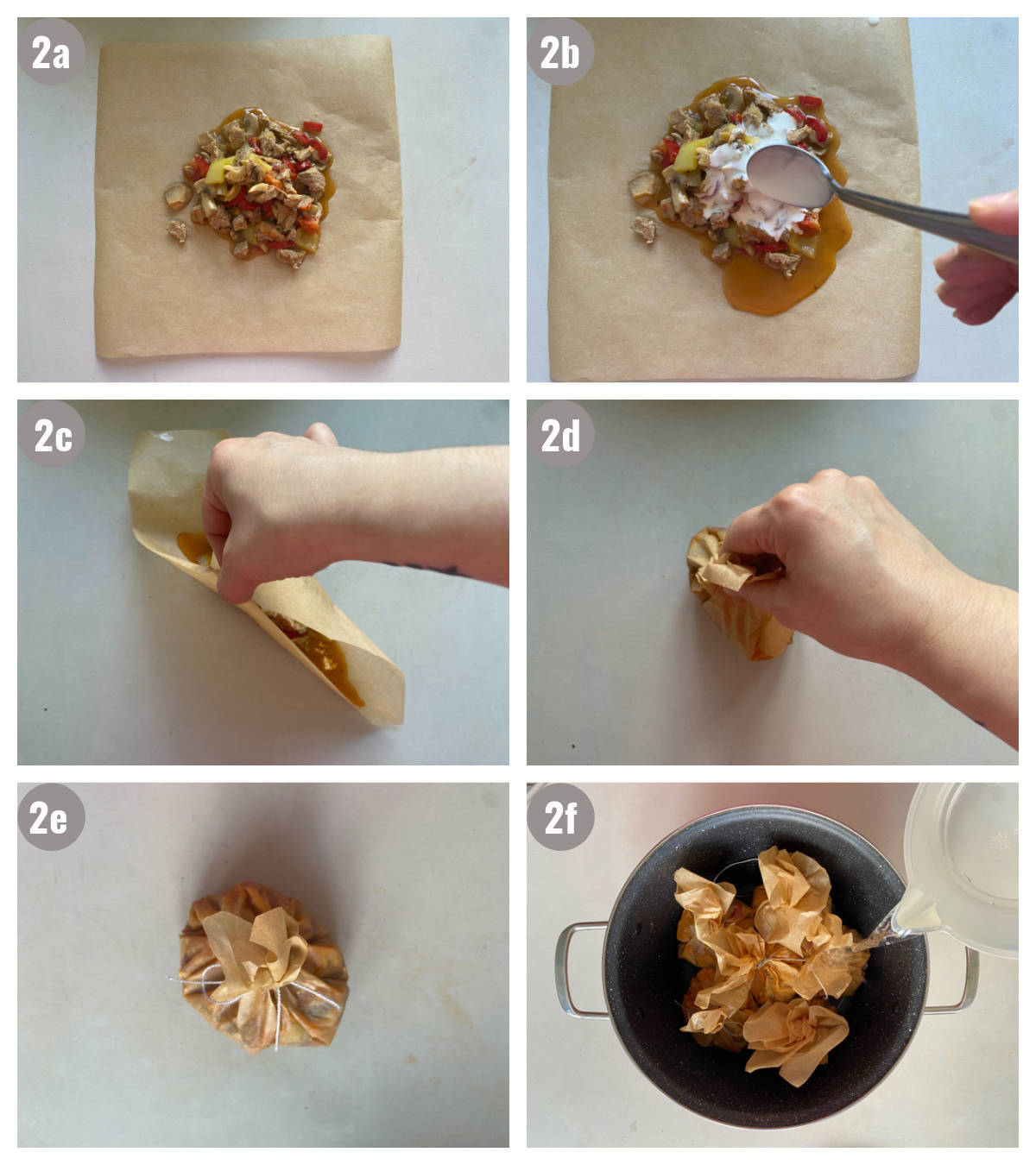 Six photographs, two by three, of the sauce packed in parchment paper, and transferred to a pot to be baked.
