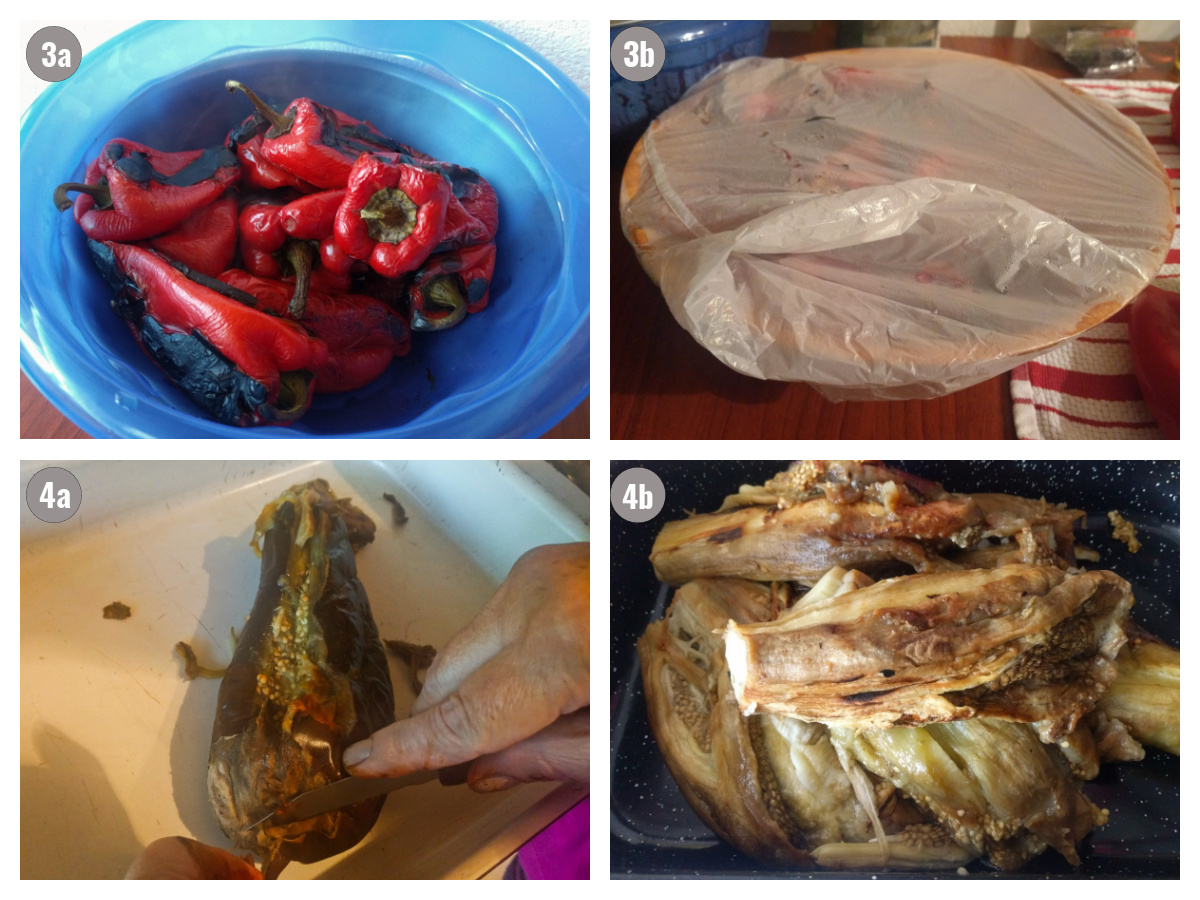 Four photos of peppers and eggplant preparation side by side.