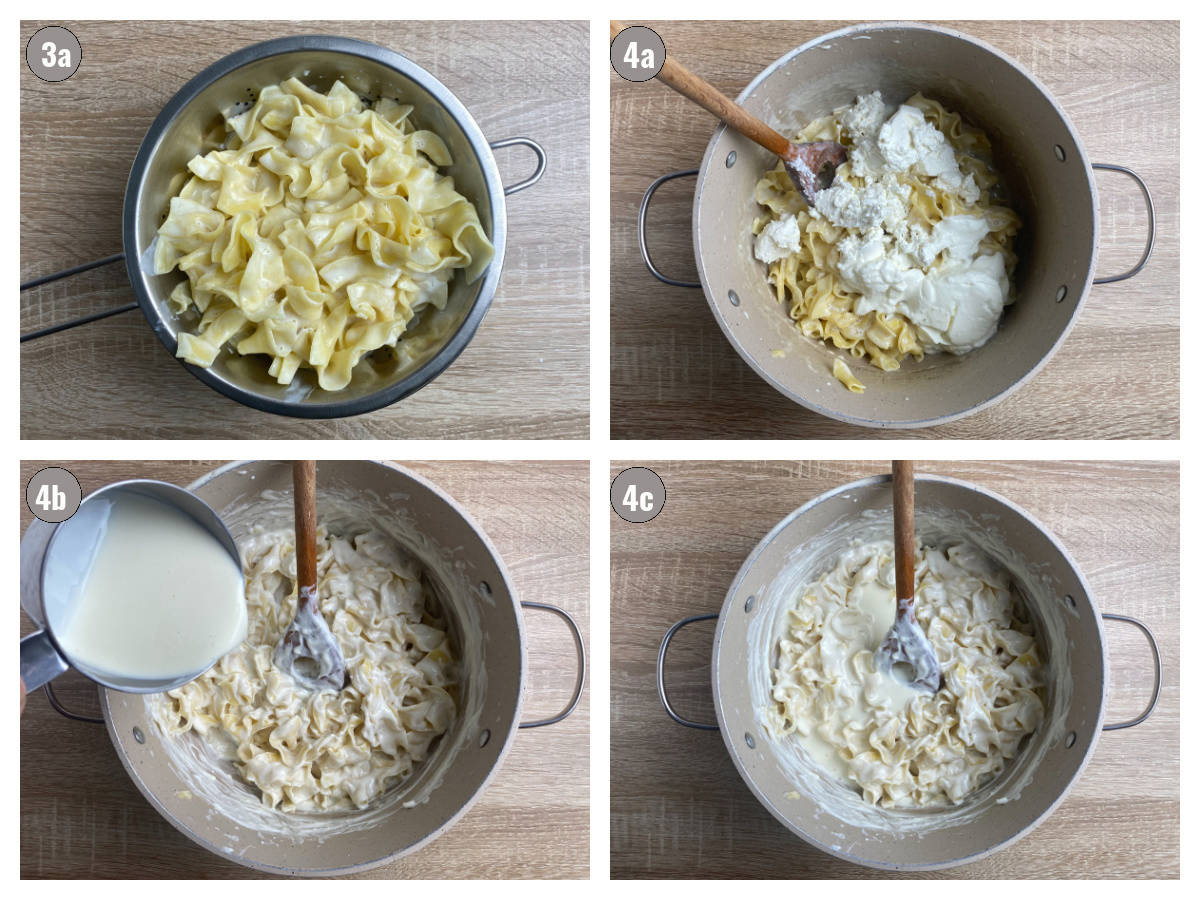 Four photographs in one, two by two, of pasta cooked in milk. 