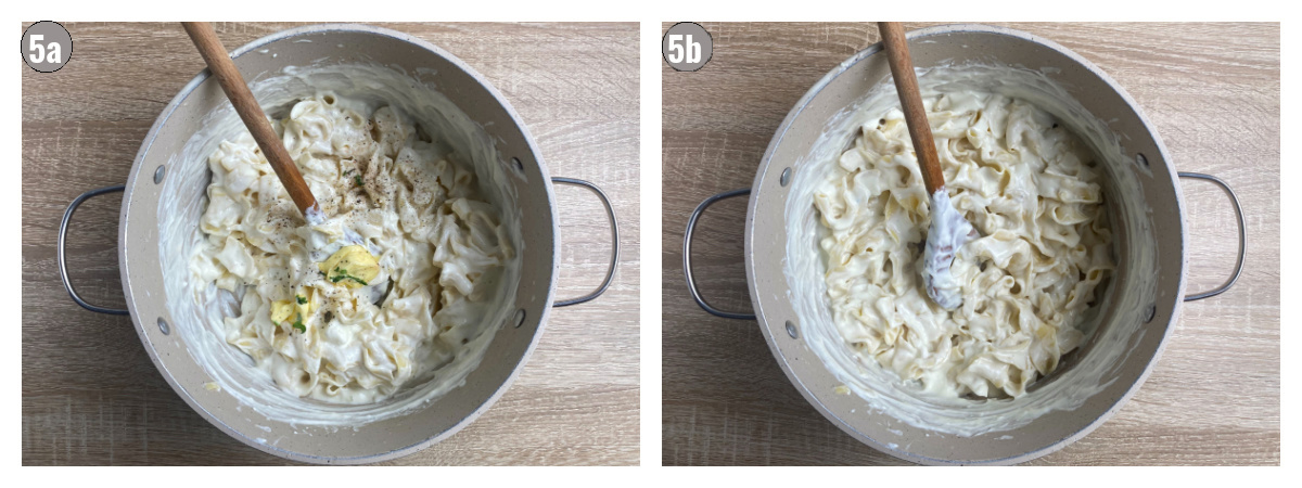 Two phtoographs, side by side of a pot filled with pasta. 