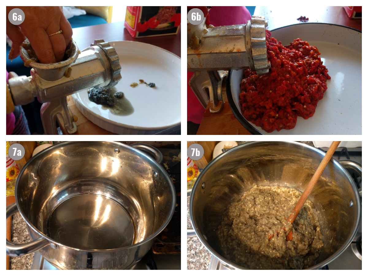 Four photos side by side of ajvar being cut in meat grinder.