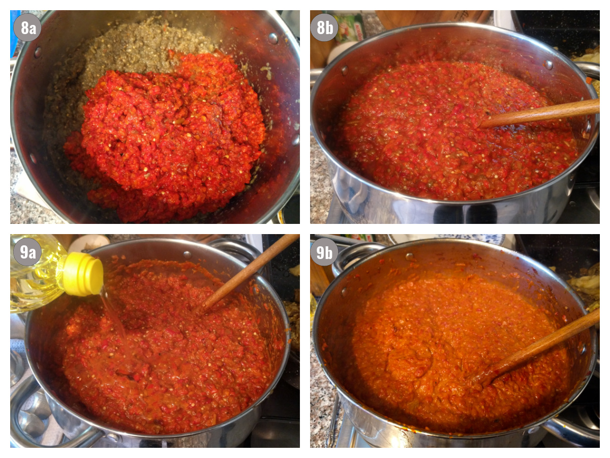 Ground pepper in a pot, four photos two by two.