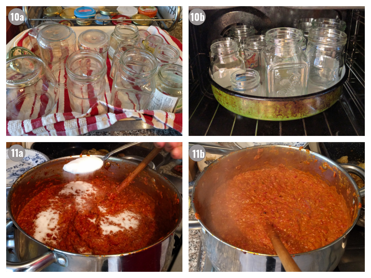 Four photos, two with glass jars being sterilized, two with ajvar being cooked.