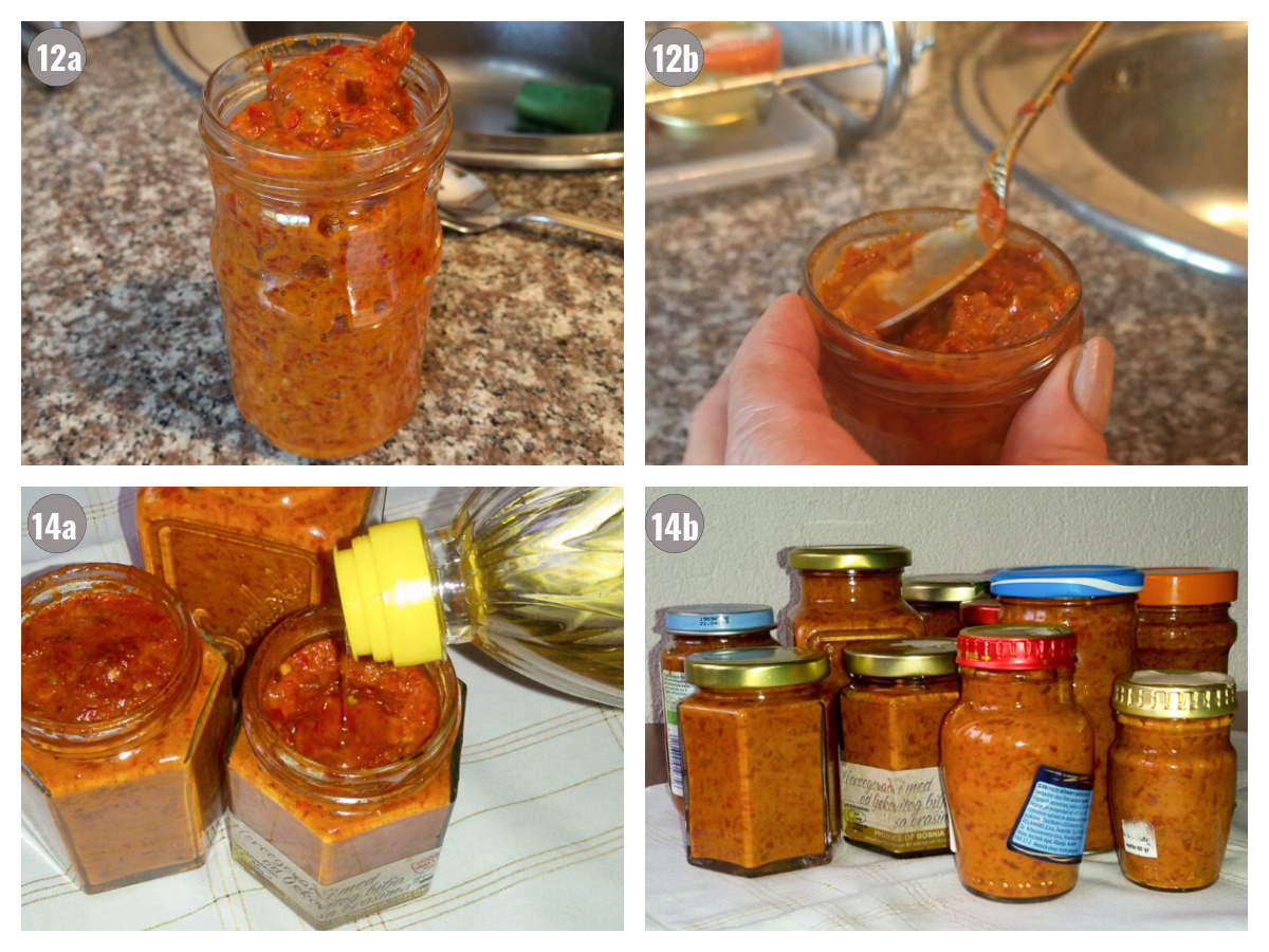 Four photos of ajvar in jars. 