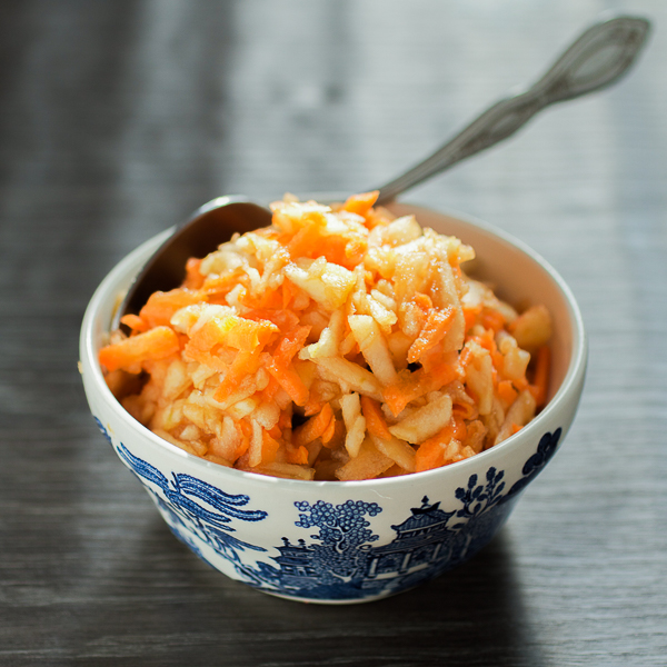 Apple and carrot salad is more a dessert and less a salad. This simple 1:1 carrot to apple (grated) equation is the healthiest, but appeasing answer to the quintessential question "Is there anything sweet to eat in this house?" 