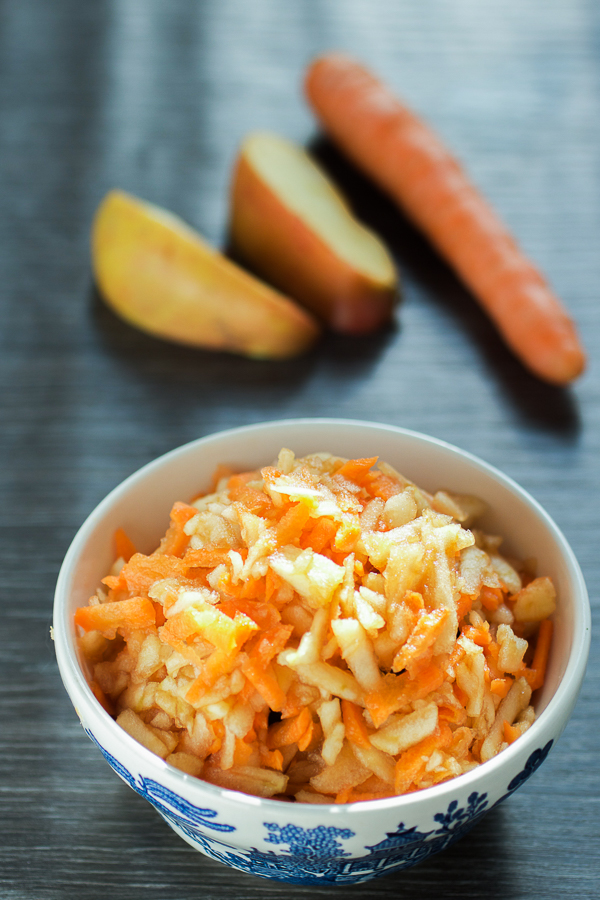 Apple and carrot salad is more a dessert and less a salad. This simple 1:1 carrot to apple (grated) equation is the healthiest, but appeasing answer to the quintessential question "Is there anything sweet to eat in this house?" 