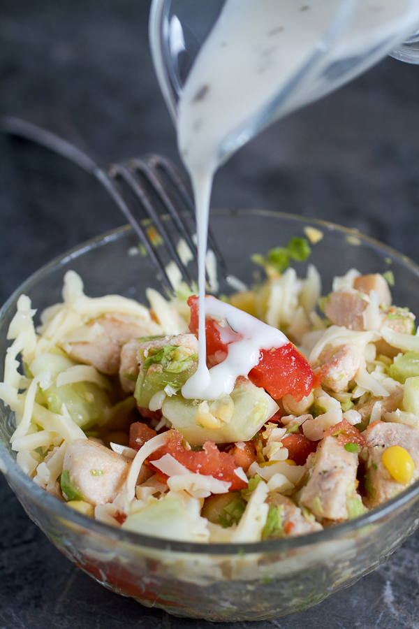 Chicken on a bed of shredded cabbage, mixed with summer favorites (corn, cucumbers and tomatoes), and topped with grated cheese and your favorite dressing. 