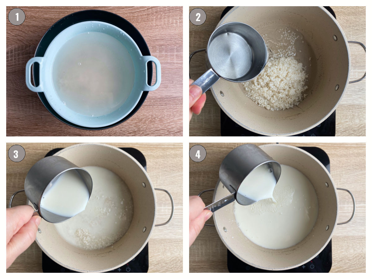 Four photographs, two by two, of preparation steps for rice pudding; rice washed and then placed in a pot while water and milk are added. 