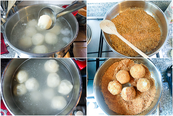 Plums encased in a potato based dumpling dough, boiled and breaded. An old Balkan delicacy.