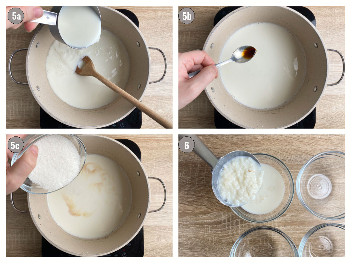 Four photographs, two by two, of preparation steps for rice pudding; rice in a pot while milk, vanilla and sugar are added, and rice pudding is transferred into bowls. 