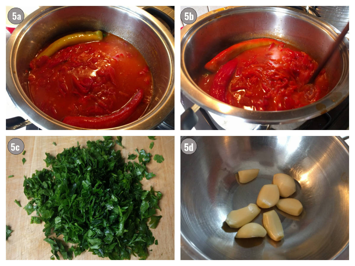 Four photographs, two by two, of pindjur cooked (top two), and parsley, and garlic on the bottom.
