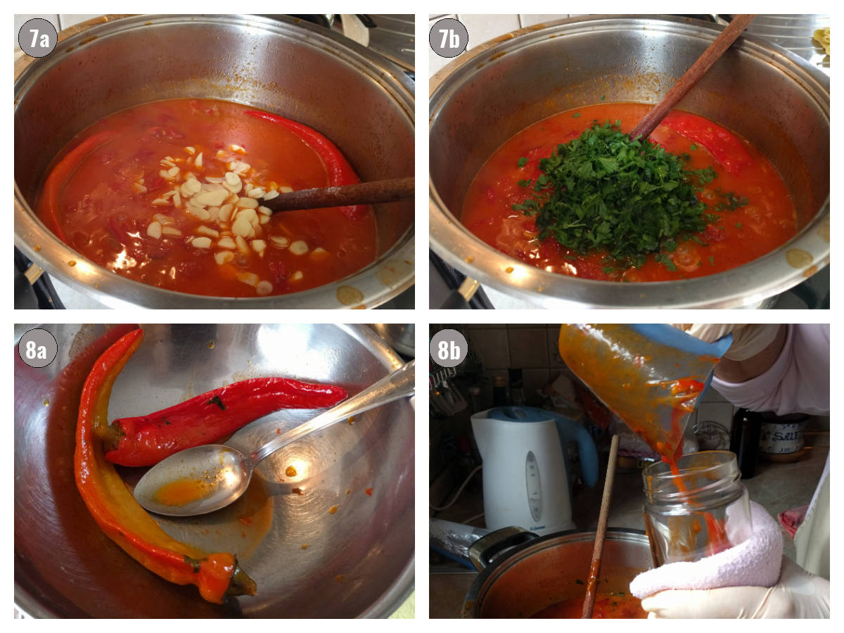 Two photographs of aromatics added to the pot of pindjur, and the chili taken out. 