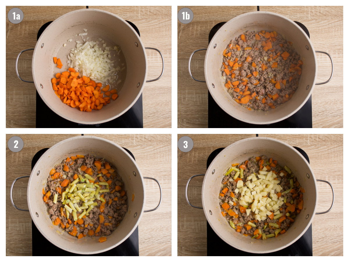 Four photographs of pots with different ingredients.
