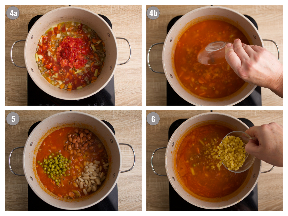 Four photographs of pots with different ingredients.