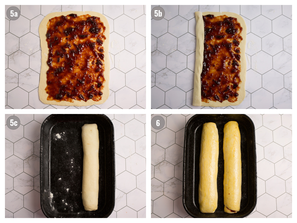 Four photographs of jam strudel preparation.