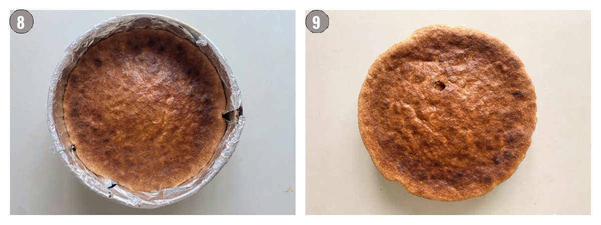 Two photographs, side by side, of the cake in cake ring, and without it. 