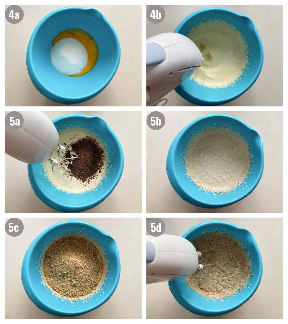 Six photographs, two by three, of preparation steps for the walnut cake: the biscuit. 