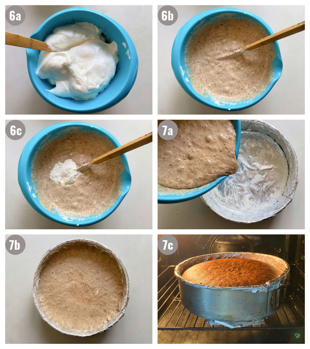 Six photographs, two by three, of preparation steps for the walnut cake: baking.