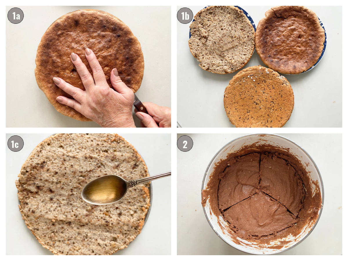 Four photographs, two by two, of the cake being cut, and filling divided.