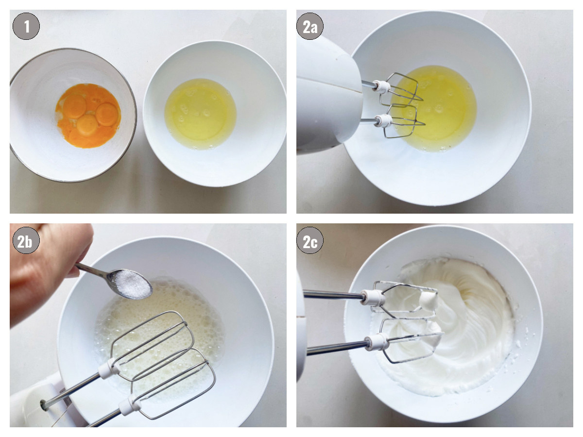 Four photographs, two by two, of egg whites whipped into stiff peaks for the cake filling.