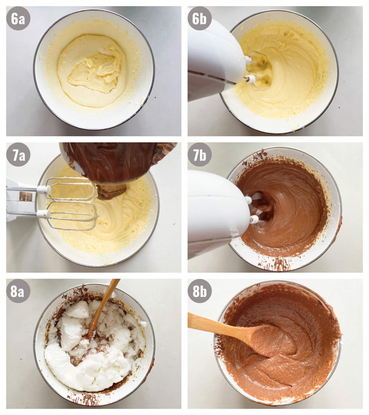 Two by three photographs of the filling with butter added, then chocolate and egg whites added.