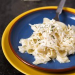 Tagliatelle with milk, sour cream, and feta cheese. Comfort on your table in less than 30-min.