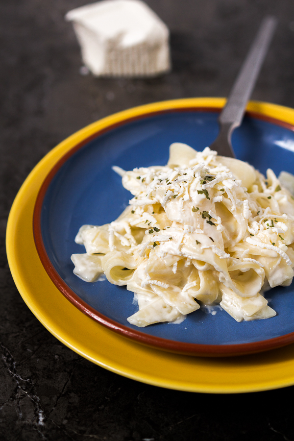 Tagliatelle with milk, sour cream, and feta cheese. Comfort on your table in less than 30-min.