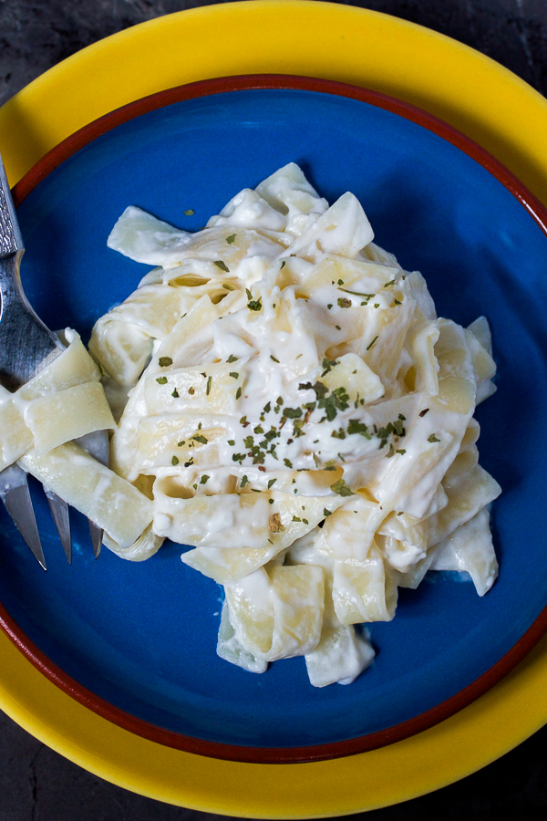 Tagliatelle with milk, sour cream, and feta cheese. Comfort on your table in less than 30-min.