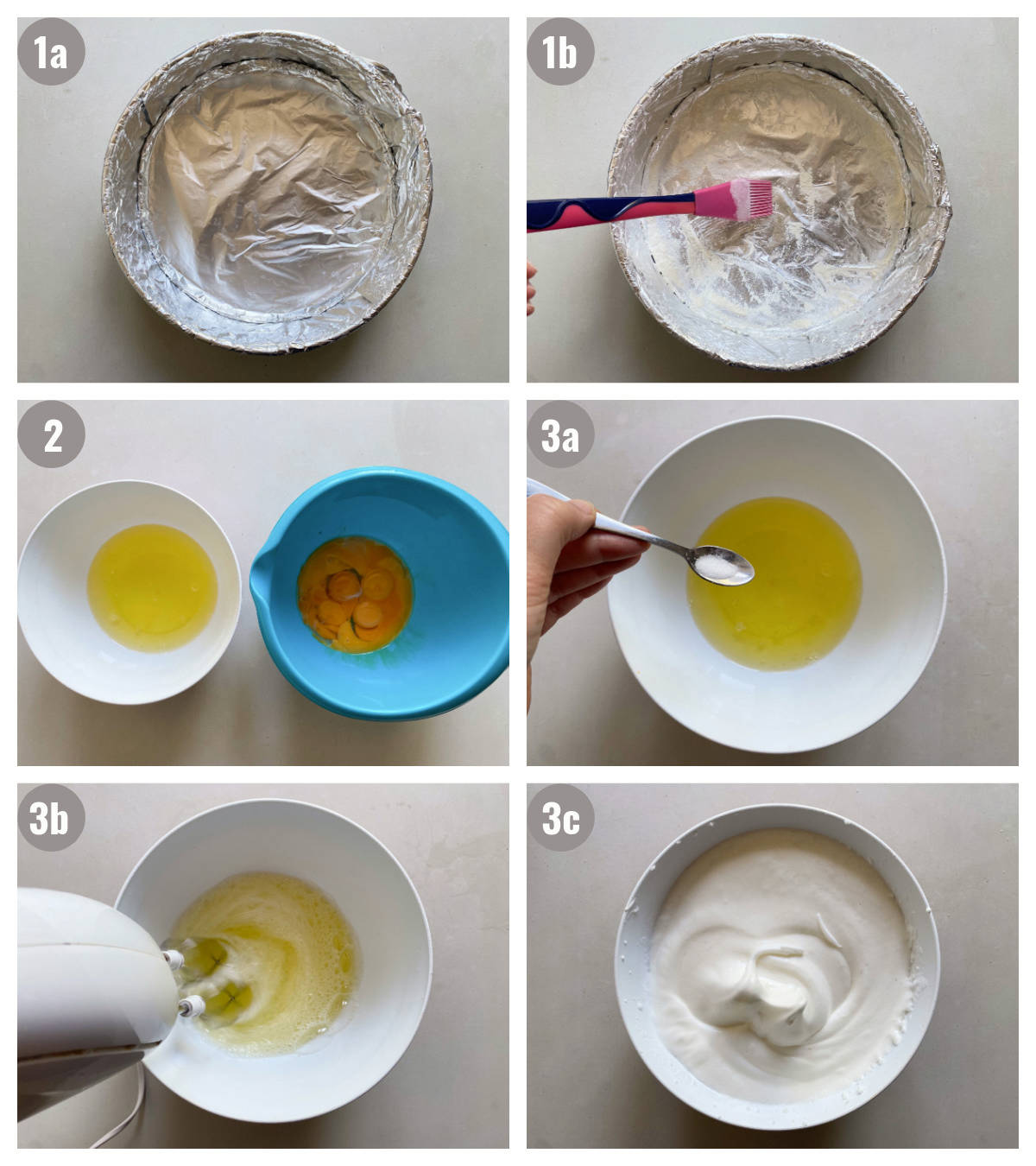 Six photographs, two by three, of preparation steps for the walnut cake. 