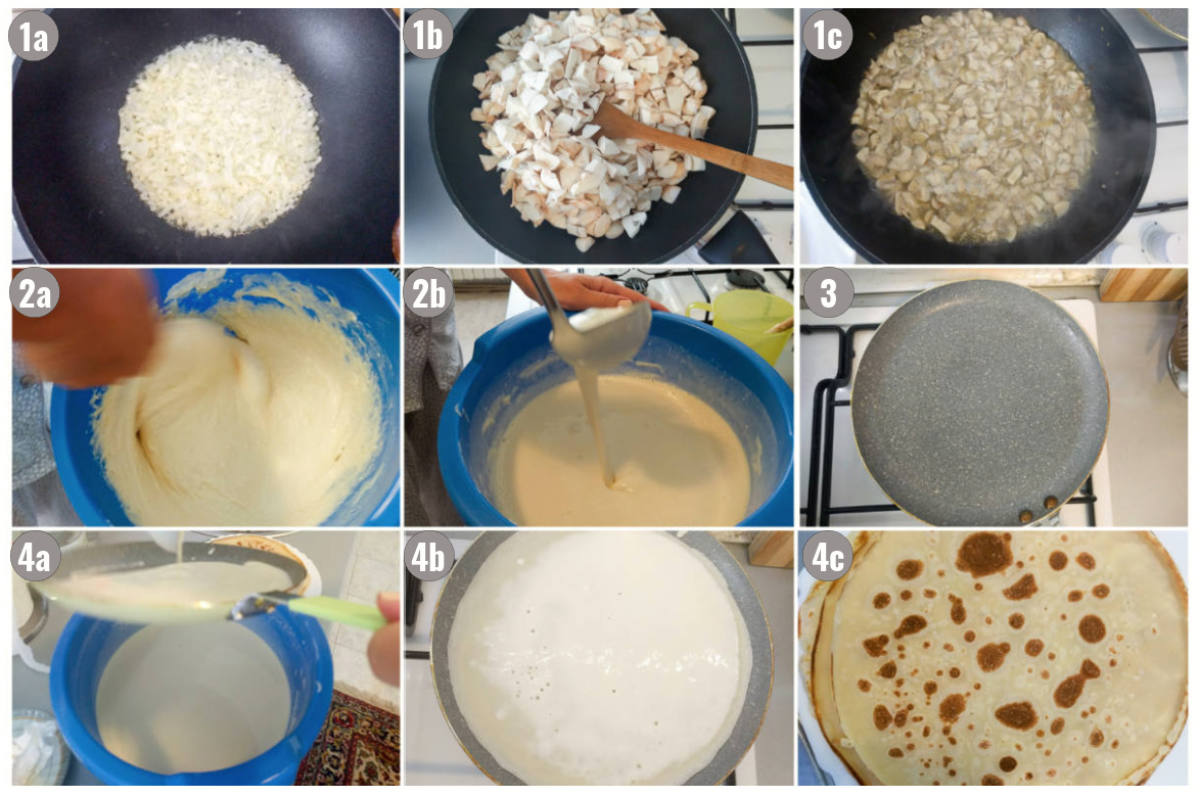 Nine photographs of crepe making.