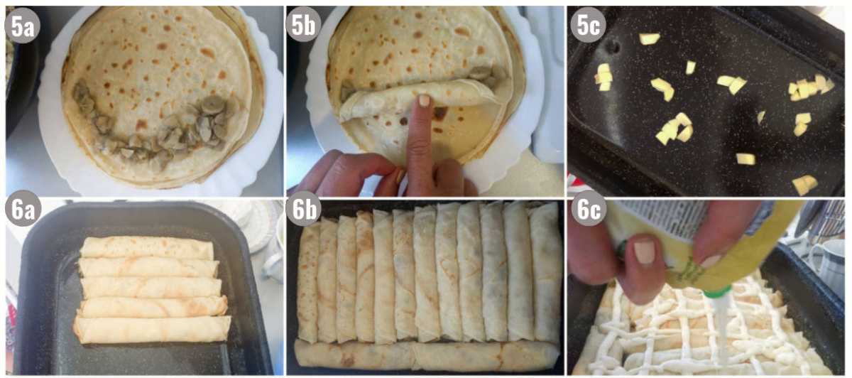 Six photographs of crepes with mushrooms.