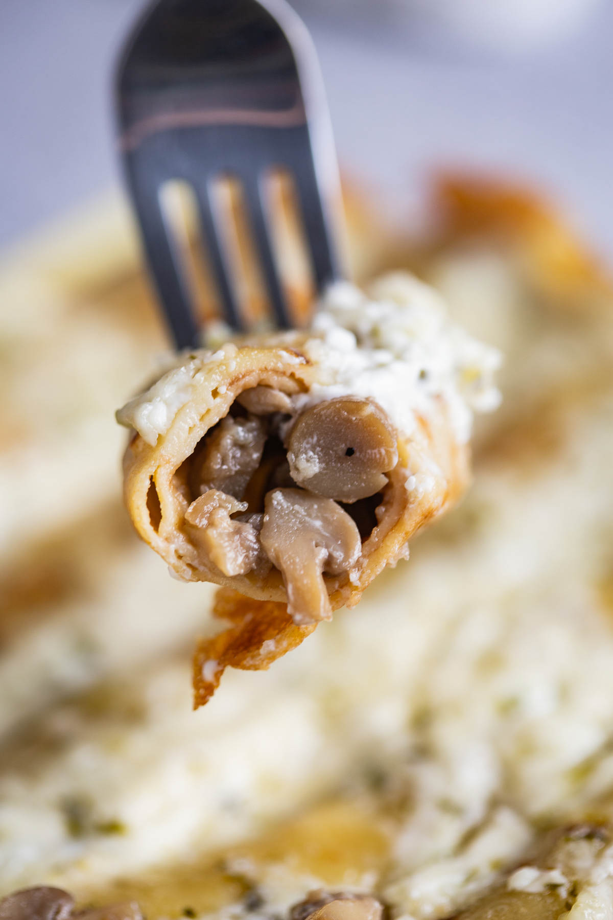 Closeup of a mushroom crepe on a fork. 