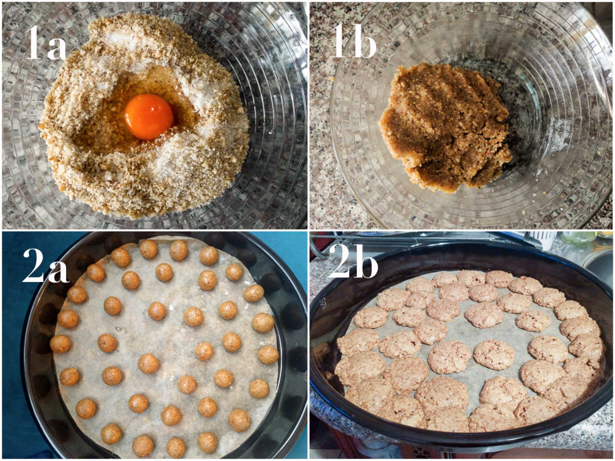 Four photographs, two by two, of walnut cookie preparation: first and second photo have a glass bowl with ingredients, the third has a pan with cookies ready to bake, and fourth depicts cookies already baked. 